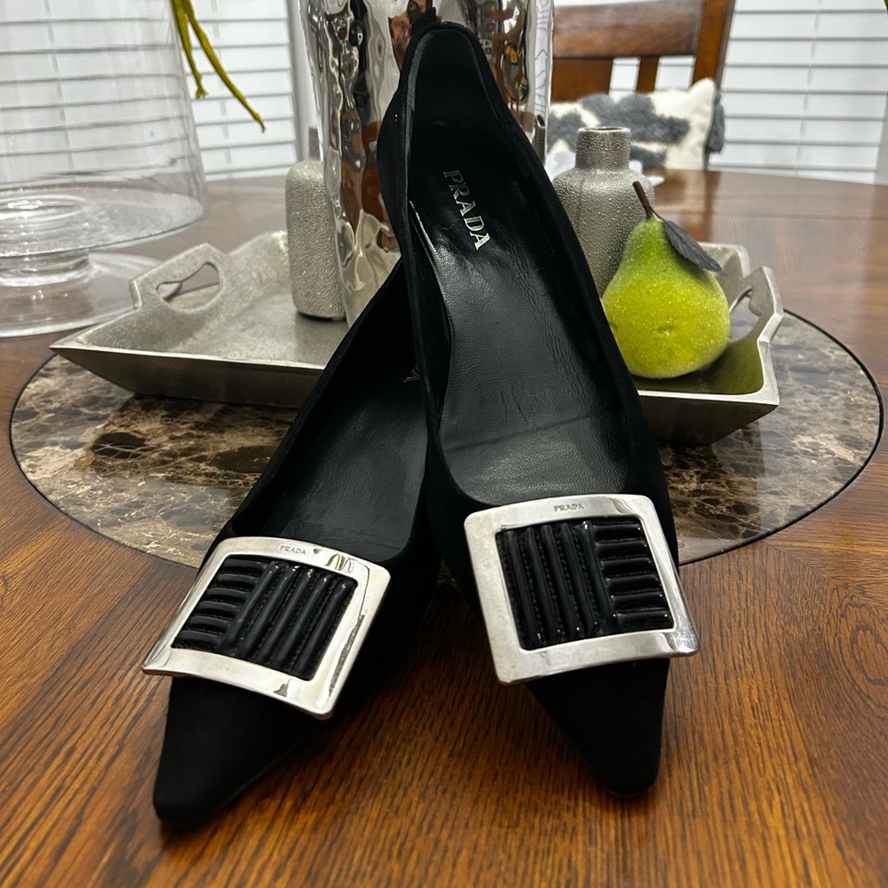 Prada Black Suede Pointed Toe Flats Shoes Silver Buckles  Size 39